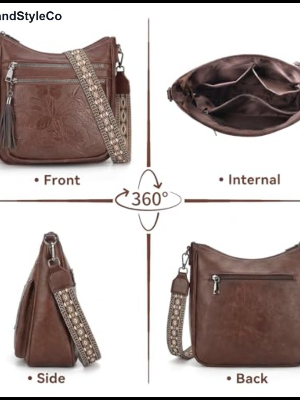 Faux Leather Medium Crossbody Hobo Bag Butterfly Embossed Tassel Wide Strap - Picture 4 of 6